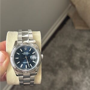 Rolex Silver Watch with Deep Blue Dial